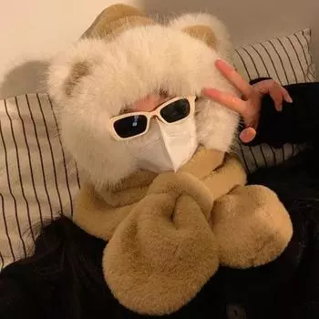 Женская зимняя интегрированная шапка и шарф из толстого флиса, теплая, с рисунком медвежьих ушей, ветрозащитная, полная защита от ветра, для путешествий на свежем воздухе, для занятий сноубордом в холодную погоду