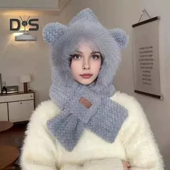 Женская зимняя интегрированная шапка и шарф из толстого флиса, теплая, с рисунком лисы, ветрозащитная, полная защита для путешествий на свежем воздухе, для занятий сноубордом в холодную погоду хаки