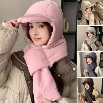 Женская зимняя интегрированная шапка и шарф толстая теплая с подкладкой ветрозащитная высокая эластичность полная защита светло-серый