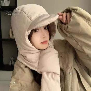 Женская зимняя интегрированная шапка и шарф, толстая теплая, с подкладкой, ветрозащитная, высокая эластичность, полная защита, для путешествий на открытом воздухе, для холодной погоды чёрный