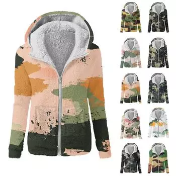 Женская зимняя камуфляжная повседневная модная плюшевая куртка-свитер на молнии с капюшоном L армия зеленый