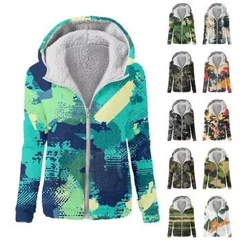 Женская зимняя камуфляжная повседневная модная плюшевая куртка-свитер на молнии с капюшоном L армия зеленый