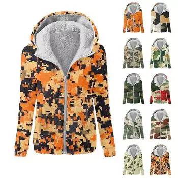 Женская зимняя камуфляжная повседневная модная плюшевая куртка-свитер на молнии с капюшоном L армия зеленый