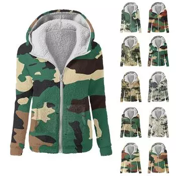 Женская зимняя камуфляжная повседневная модная плюшевая куртка-свитер на молнии с капюшоном L армия зеленый