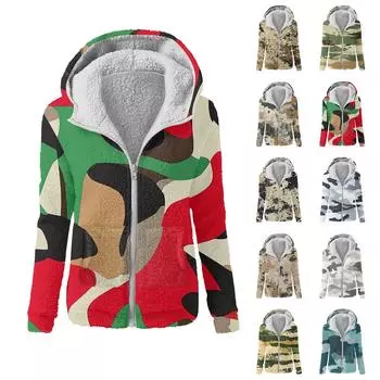 Женская зимняя камуфляжная повседневная модная плюшевая куртка-свитер на молнии с капюшоном L бежевый