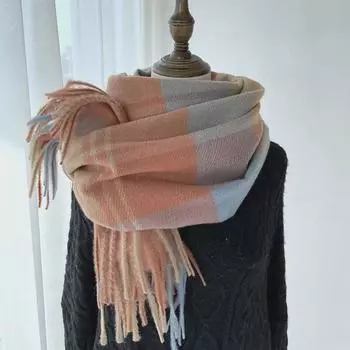 Женская зимняя клетчатая шаль с кисточками 2024 года — толстый теплый шарф из искусственного кашемира в корейском стиле для студентов и пар 70x180 cm кофейный/синий