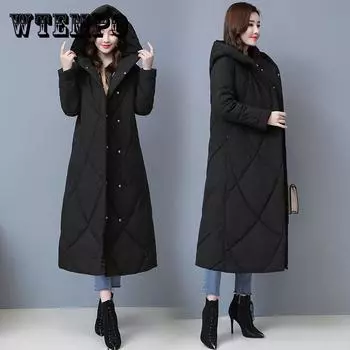 Женская зимняя корейская свободная стеганая куртка, теплая куртка-пуховик с воротником-стойкой, женская однотонная длинная куртка из лакированной кожи XXXXXXL