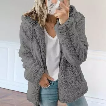 Женская зимняя короткая куртка из флиса с капюшоном и молнией, кардиган, пальто, теплое, повседневное, однотонное S хаки