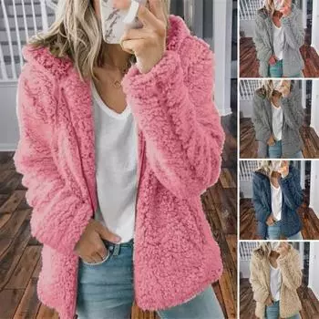 Женская зимняя короткая куртка из флиса Sherpa с капюшоном, кардиган на молнии, теплая повседневная однотонная плюшевая ветрозащитная куртка для осени и зимы S красный