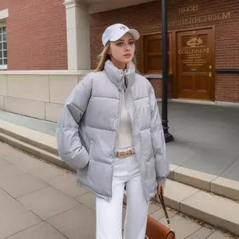 Женская зимняя короткая одежда спереди и сзади, свободная куртка с хлопковой подкладкой, бархатное теплое пальто с воротником-стойкой M хаки