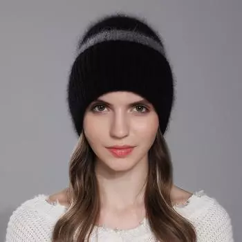 Женская зимняя кроличья шерсть, шерстяная двухцветная вязаная теплая универсальная шапка с ушками OneSize чёрный