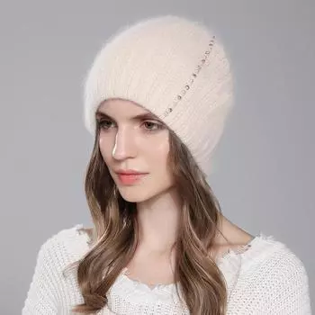 Женская зимняя кроличья шерсть, сплошной цвет, вязаный жемчуг, универсальный пуловер, шляпа OneSize чёрный