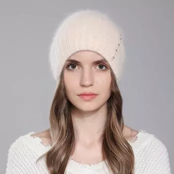 Женская зимняя кроличья шерсть, сплошной цвет, вязаный жемчуг, универсальный пуловер, шляпа OneSize чёрный