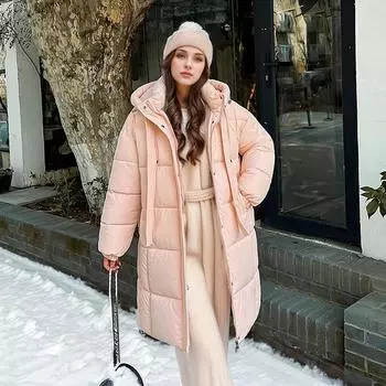 Женская зимняя куртка 2024 года, зимние женские утепленные пальто с капюшоном, топы, женская однотонная длинная хлопковая куртка, пальто больших размеров M серый