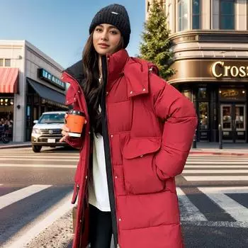 Женская зимняя куртка 2024 года, зимняя женская однотонная длинная хлопковая куртка, женская парка с капюшоном и высоким воротником, пальто, стеганая куртка M красный