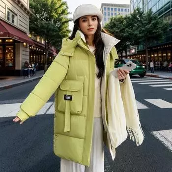 Женская зимняя куртка 2024 года, зимняя женская однотонная длинная хлопковая куртка, женская парка с капюшоном и высоким воротником, пальто, стеганая куртка M красный