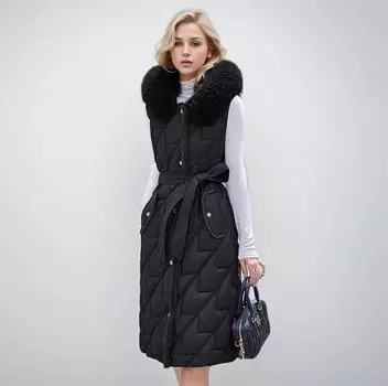 Женская зимняя куртка 2024 года, зимняя женская длинная меховая воротниковая утолщенная теплая хлопковая куртка без рукавов для женщин, хлопковый жилет с поясом, пальто L розовый