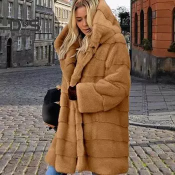Женская зимняя куртка больших размеров из искусственного меха с капюшоном, свободная верхняя одежда средней длины, многослойное тепловое плюшевое пальто для повседневной работы на открытом воздухе XXL дубильная кора