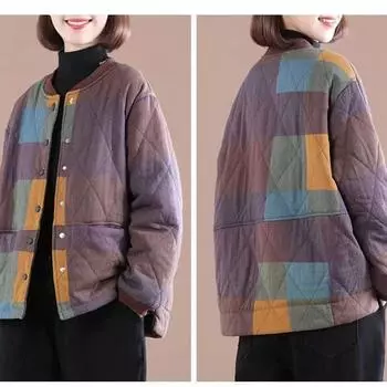 Женская зимняя куртка больших размеров с утолщением и подкладкой в клетку без капюшона, свободная, на пуговицах, длинная, повседневная, для активного отдыха 4XL