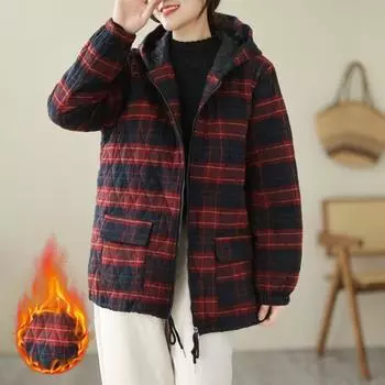Женская зимняя куртка больших размеров с утолщенной подкладкой в клетку с капюшоном, свободная молния, принтованная длинная куртка, повседневные топы для активного отдыха L