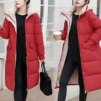 Женская зимняя куртка большого размера с подкладкой, теплая, свободная, утолщенная, удобная, длинная, выше колена, с капюшоном и отворотом 3XL