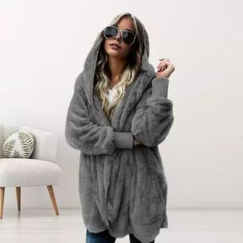 Женская зимняя куртка, двухсторонняя, из плотного флиса, с капюшоном и карманами, средней длины, однотонная, теплая, повседневная, на каждый день L хаки