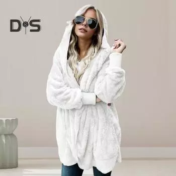 Женская зимняя куртка, двухсторонняя, плотный флис, с капюшоном и карманами, средней длины, однотонная, теплая, повседневная, длинное пальто L хаки