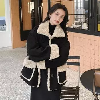 Женская зимняя куртка из флиса в стиле ретро, контрастного цвета, утолщенная плюшевая верхняя одежда, высокий воротник, защищающий шею, ветрозащитное однобортное пальто с карманами S чёрный