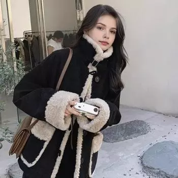 Женская зимняя куртка из флиса в стиле ретро, контрастного цвета, утолщенная плюшевая верхняя одежда, высокий воротник, защищающий шею, ветрозащитное однобортное пальто с карманами S чёрный