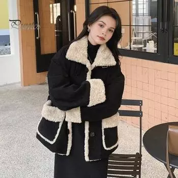 Женская зимняя куртка из флиса в стиле ретро, контрастного цвета, утолщенная плюшевая верхняя одежда, высокий воротник, защищающий шею, ветрозащитное однобортное пальто с карманами S чёрный