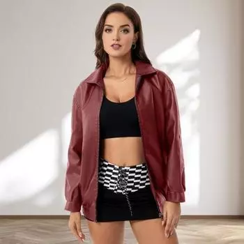 Женская зимняя куртка из искусственной кожи на молнии с длинными рукавами, однотонная, с отворотами и карманами, бойфренд S чёрный