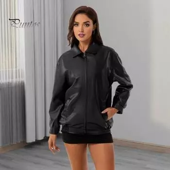 Женская зимняя куртка из искусственной кожи с длинными рукавами, на молнии, с лацканами, однотонная, с карманами, уличная одежда для мотоциклистов-бойфрендов S чёрный