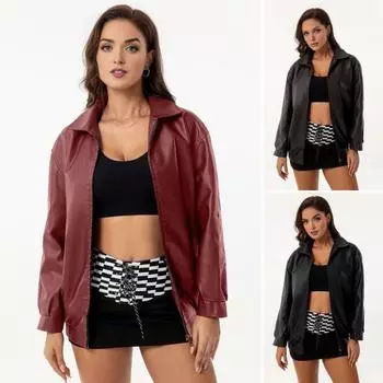 Женская зимняя куртка из искусственной кожи с длинными рукавами, на молнии, с лацканами, однотонная, с карманами, уличная одежда для мотоциклистов-бойфрендов S кофейный