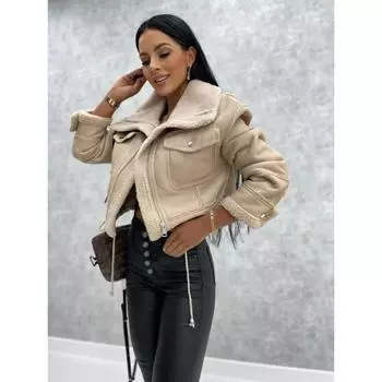 Женская зимняя куртка из искусственной кожи с длинным рукавом и лацканами, флисовое льняное пальто на молнии, мотоциклетная куртка, теплое пальто из шерпы, верхняя одежда S бежевый