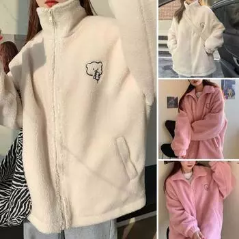 Женская зимняя куртка из искусственной овечьей шерсти с воротником-стойкой и карманами с длинными рукавами на молнии, толстовка, пальто, утолщенная плюшевая верхняя одежда с рисунком медведя из мультфильма M абрикосовый