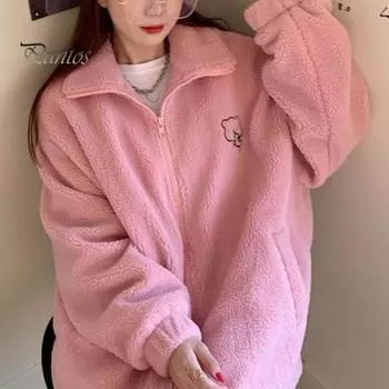 Женская зимняя куртка из искусственной овечьей шерсти с воротником-стойкой и карманами с длинными рукавами на молнии, толстовка, пальто, утолщенная плюшевая верхняя одежда с рисунком медведя из мультфильма M абрикосовый