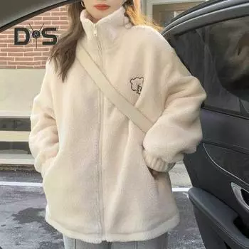 Женская зимняя куртка из искусственной овечьей шерсти с воротником-стойкой и карманами с длинными рукавами на молнии, толстовка, пальто, утолщенная плюшевая верхняя одежда с рисунком медведя из мультфильма M абрикосовый