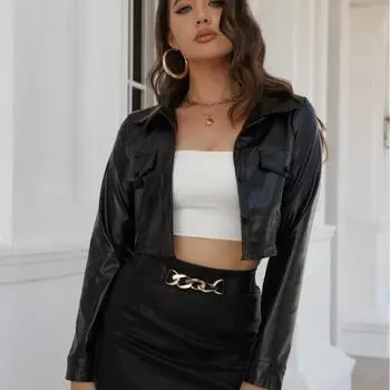 Женская зимняя куртка-кардиган из искусственной кожи с пряжкой-пуповиной в стиле Майяра с индивидуальными лацканами S чёрный