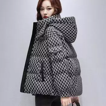 Женская зимняя куртка короткая пушистая теплая куртка с капюшоном клетчатая куртка больших размеров 4XL