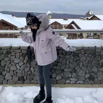 Женская зимняя куртка на белом утином пуху 2024 года — средняя/длинная, модная рабочая одежда, свободный крой с большим меховым воротником, утолщенная для тепла Size S