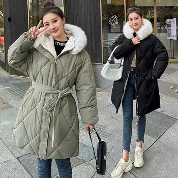 Женская зимняя куртка, пальто, молодежная женская одежда, большой размер, набивной, из овечьей шерсти, большой воротник, талии, ромбовидная сетка, верхняя одежда, женское длинное хлопковое пальто M белый