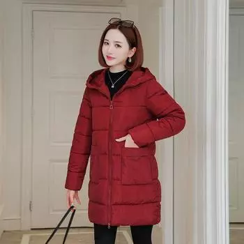 Женская зимняя куртка-пуховик больших размеров, однотонная, теплая, на молнии, средней длины, с U-образным воротником и кепкой, повседневная верхняя одежда 5XL
