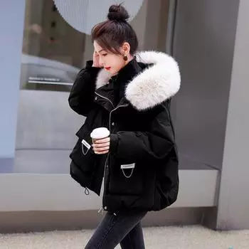 Женская зимняя куртка, пуховик, хлопковое пальто с капюшоном, парки, большие размеры, меховой воротник, стеганые пальто, короткая верхняя одежда XXXL белый