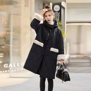 Женская зимняя куртка-пуховик, новая мода, иностранный стиль, манжеты, пух, сращивание, ромбовидная длинная куртка с капюшоном BX2698 S90-57.5 kg
