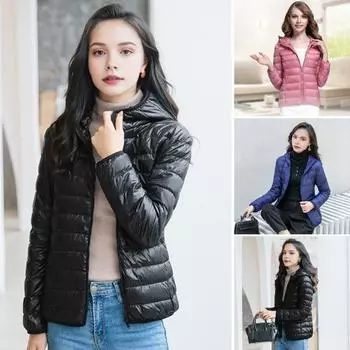 Женская зимняя куртка-пуховик с капюшоном и карманами на молнии, на молнии, однотонная M белый