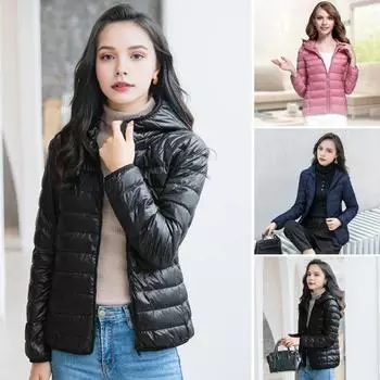 Женская зимняя куртка-пуховик с капюшоном и карманами на молнии, застегивающаяся на молнию, однотонная, большого размера, верхняя одежда с длинными рукавами, легкая, облегающая куртка M чёрный