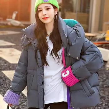 Женская зимняя куртка-пуховик с надписью Big C, вязаные рукава, цвет в тон, свободная версия, повседневная куртка-хлеб S size 90-60kg чёрный