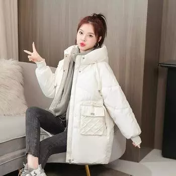 Женская зимняя куртка с хлопковой набивкой, Утепленная женская куртка средней длины, Новая модная женская куртка с капюшоном, Модная и защищающая от холода XXXL белый