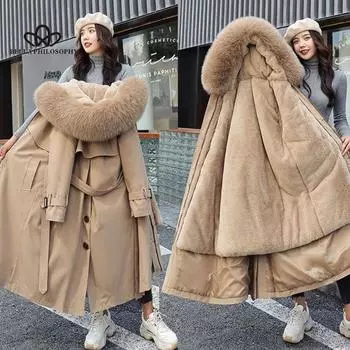 Женская зимняя куртка с капюшоном, длинная толстая парка с подкладкой из искусственного меха, женское съемное пальто больших размеров