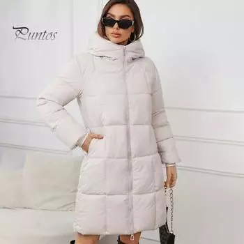 Женская зимняя куртка с капюшоном, утолщенный пуховик, тонкая талия, застежка-молния, средняя длина, ветрозащитное хлопковое пальто для холодной погоды S белый